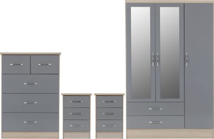 Nevada 3 Door Mirrored Wardrobe BEDROOM SET  1.16m - Grey Gloss/Light Oak