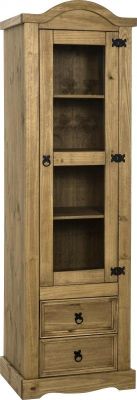 Corona 1 Door 2 Drawer Glass Display Unit in Distressed Waxed