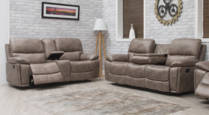 Oxford Fabric Recliner Suite 3RR Drop Down Table + 2RR with Console - Sandstone