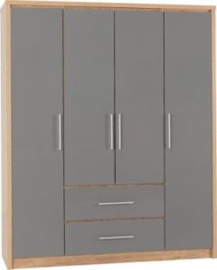 Seville 4 Door 2 Drawer Wardrobe - Grey Gloss / Beech