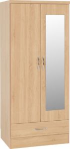 Nevada MIRRORED 2 Door 1 Drawer Wardrobe 0.78m - Sonoma Oak Effect