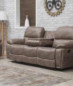 Oxford Fabric Recliner 3 Seater with Drop Down Table - Sandstone